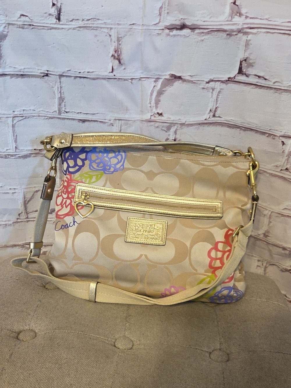 Coach Poppy Daisy Beige Signature Crossbody with Colorful Floral Accents F20791